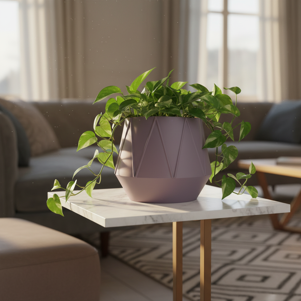 Dusty purple GeoBloom planter with a trailing pothos on a marble side table in golden hour light