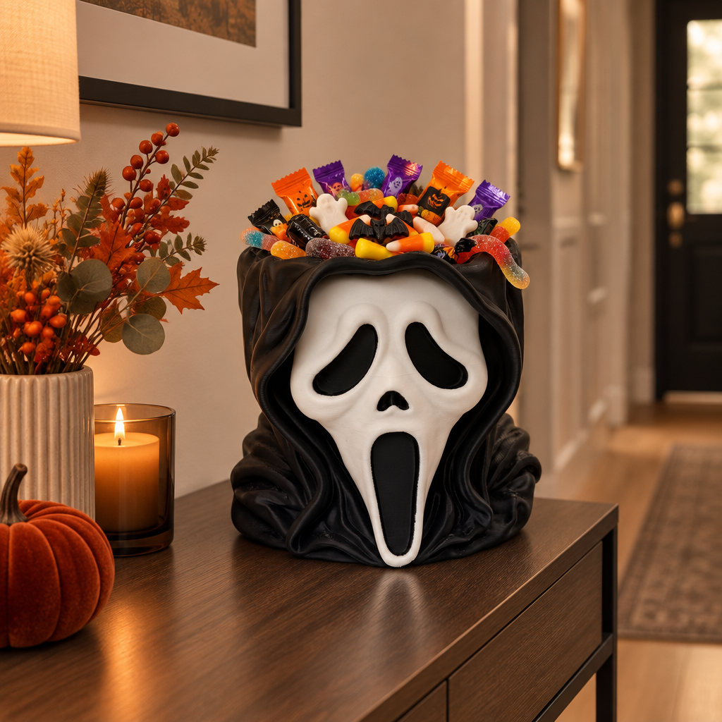Black and white Ghostface-inspired sweet bowl filled with wrapped treats on a hallway console