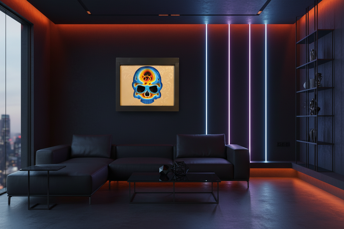 Skull shadow box on a dark wall in a modern edgy living room with neon accents