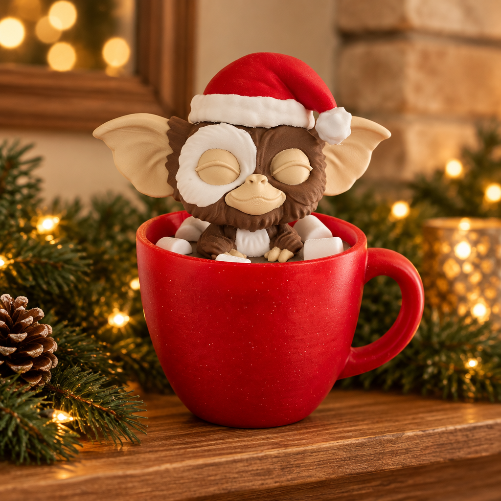 Gizmo in a Santa hat and red mug displayed on a festive mantel
