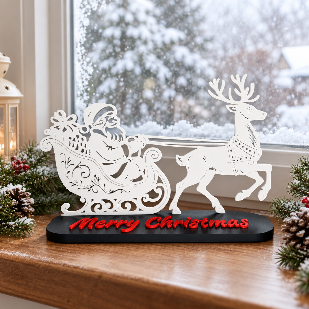 Santa in his sleigh flying through the air Christmas topper displayed by a snowy window