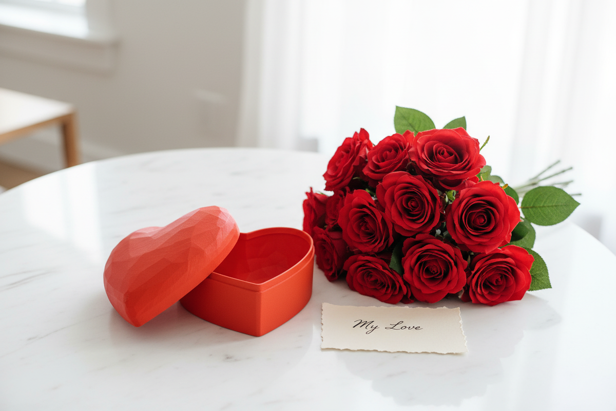 Heart-shaped gift box on white marble with red roses and love note