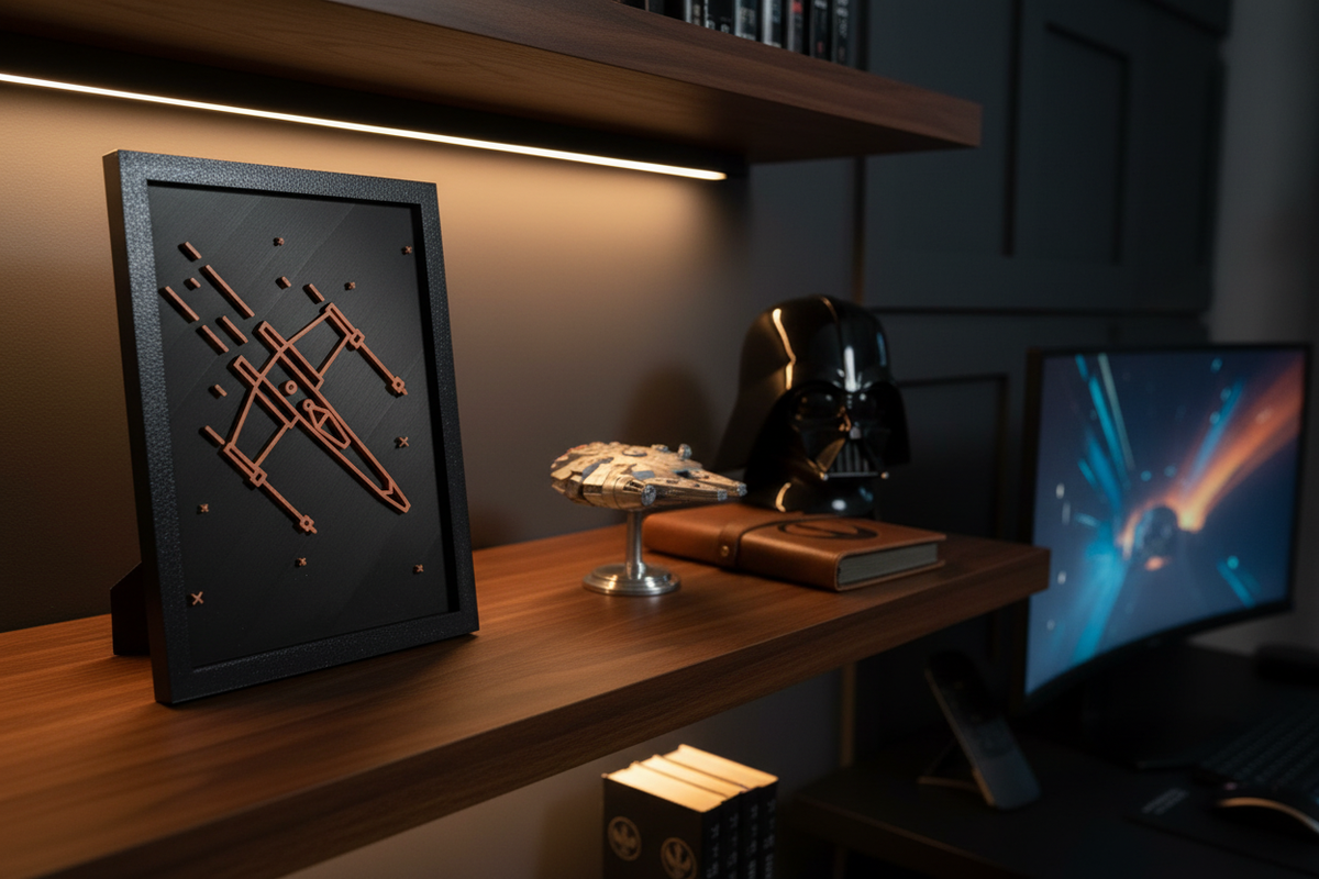 X-Wing Neon Line Art shadow box on a dark wooden shelf in a moody gaming room with copper finish