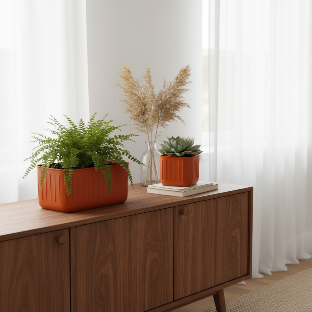 Scandinavian Plant Pot Pair in orange — walnut sideboard lifestyle