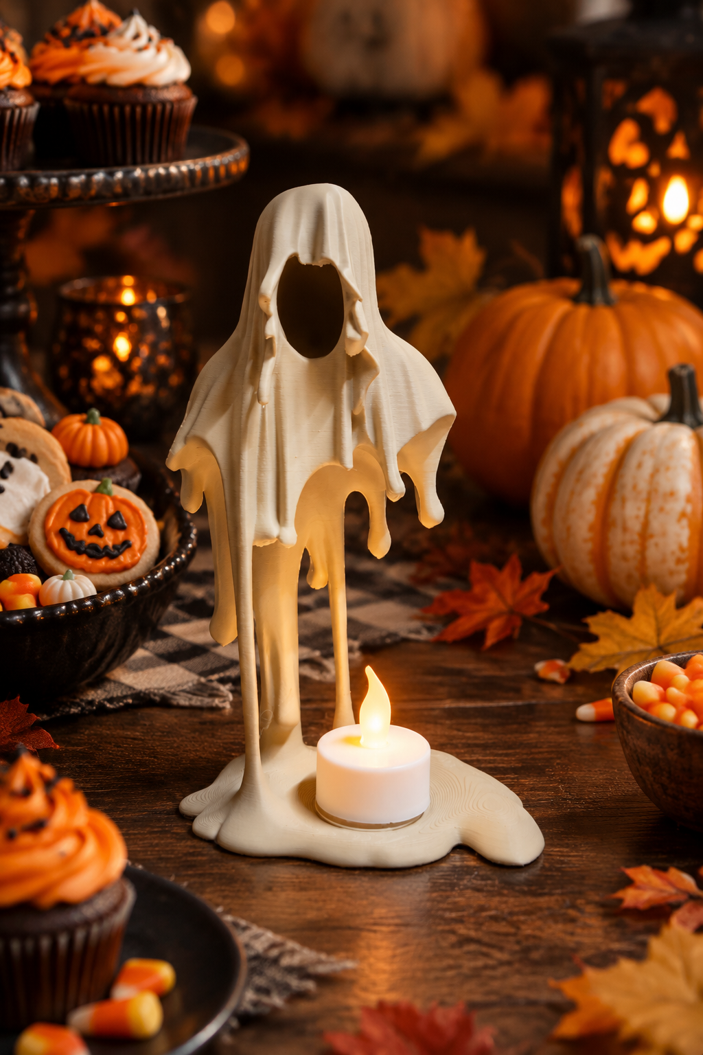 Pale Grim Reaper tealight holder with LED glow and subtle Halloween sweets nearby