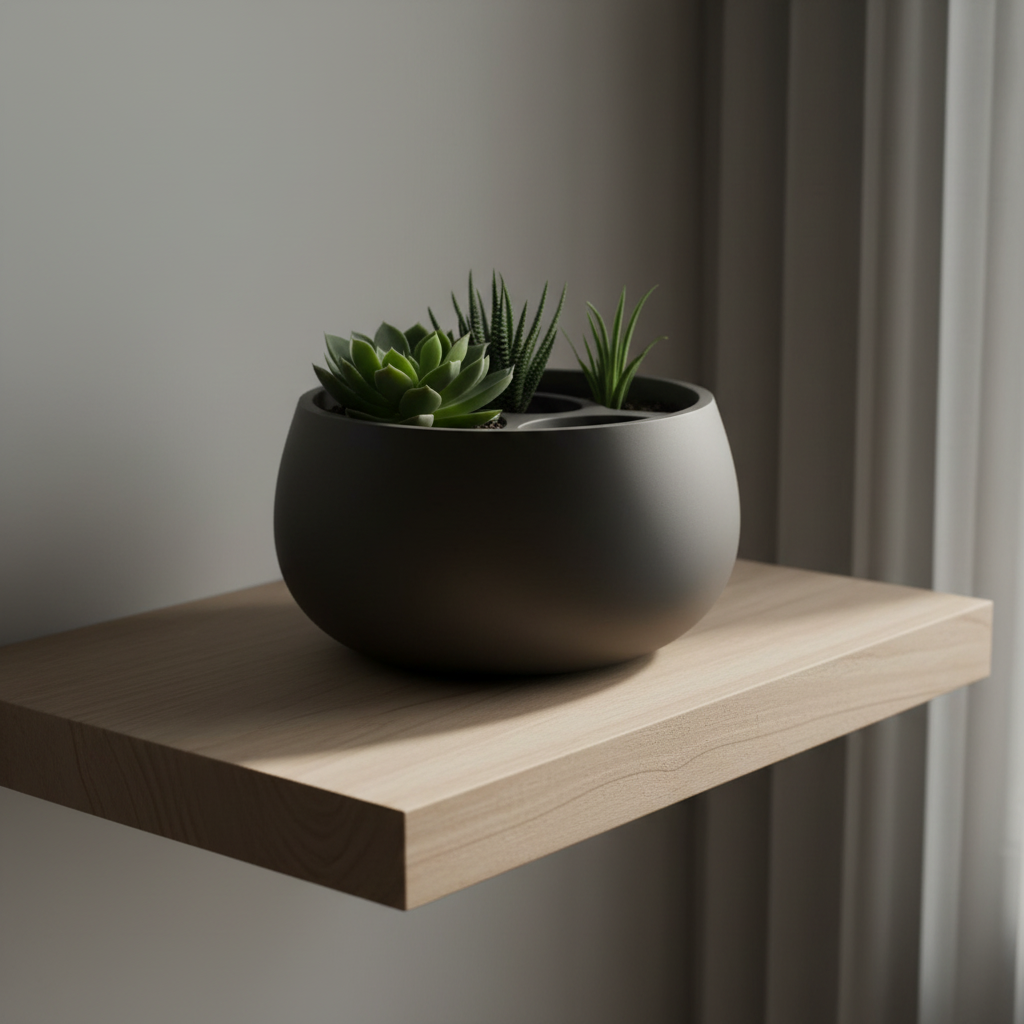 Round Dual-Chamber Self-Watering Plant Pot in matte black — floating shelf lifestyle