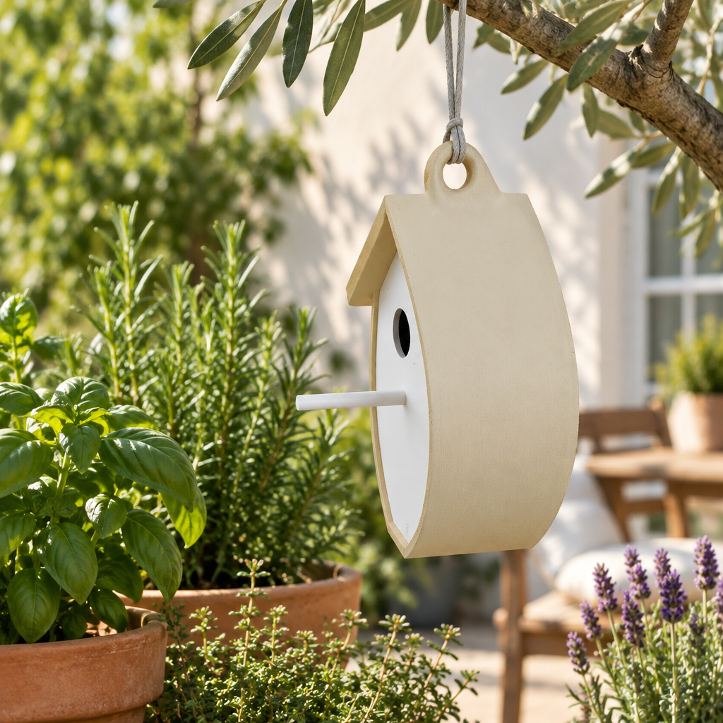 Tree Leaf Birdhouse beside a patio herb garden