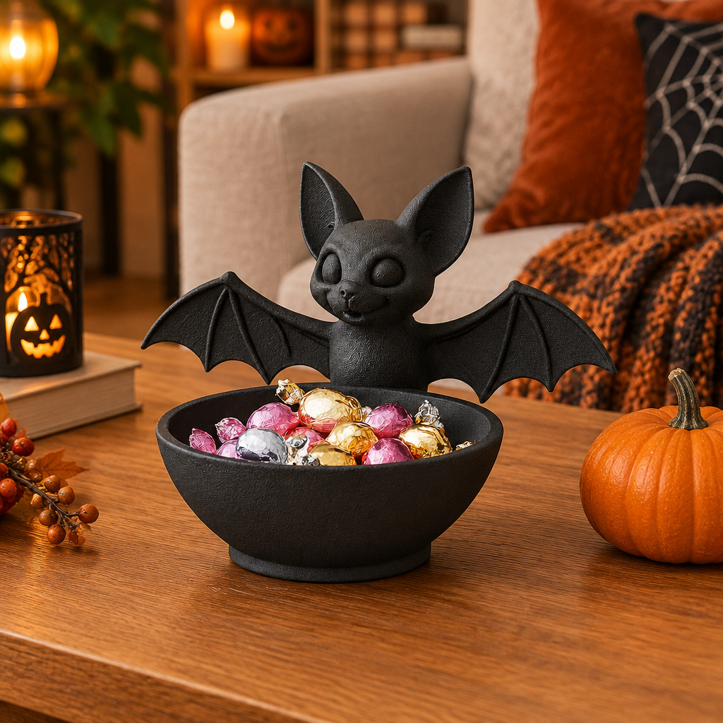 Black Bat Sweet Tray with wrapped sweets on an autumn coffee table