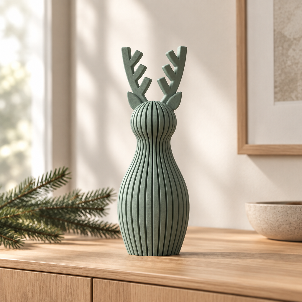 A single sage-green ribbed reindeer ornament styled on a light oak sideboard with subtle evergreen branches