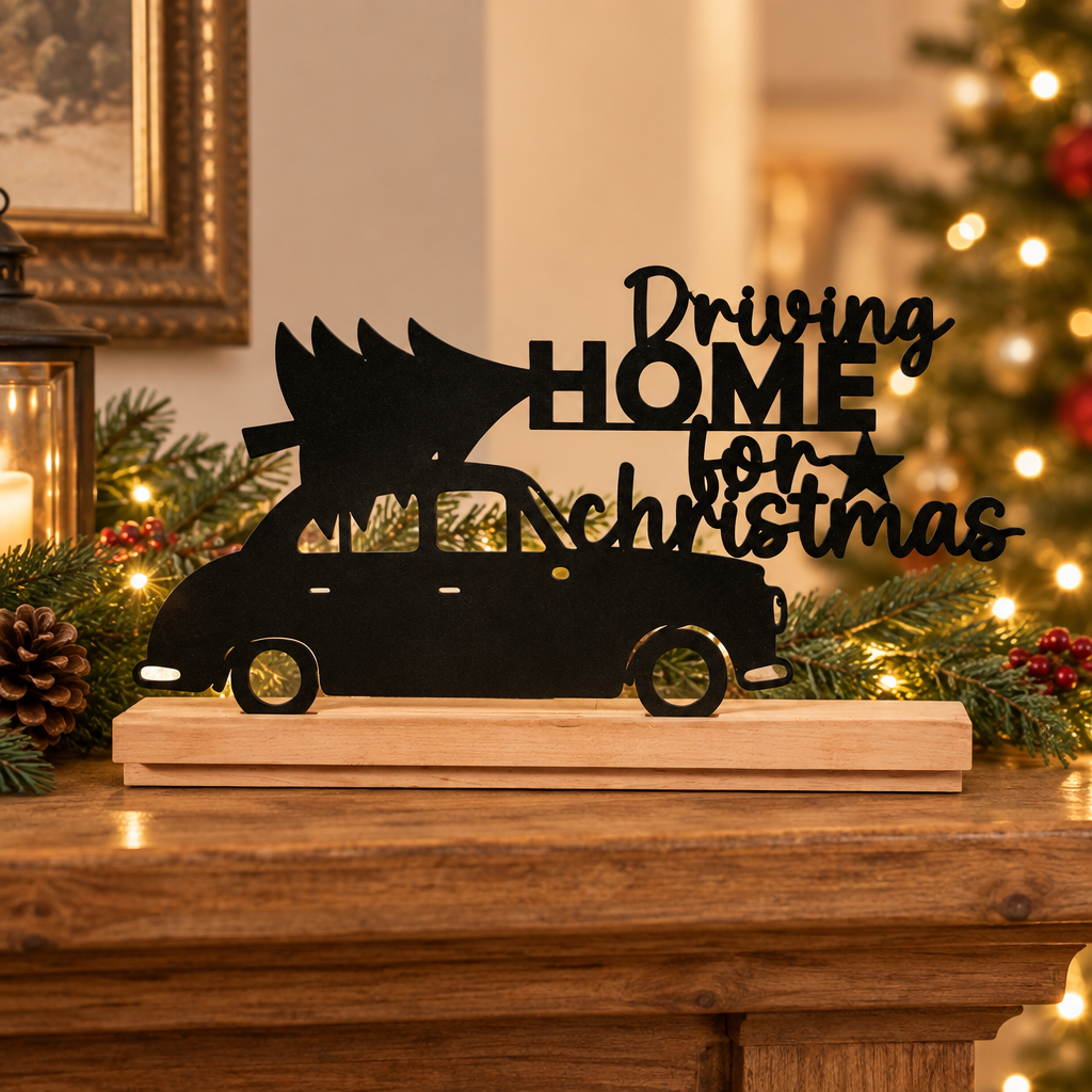 Black Driving Home for Christmas Sign on a warm living-room mantel