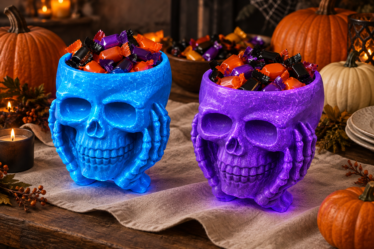 Neon glitter blue and neon purple skull sweet bowls held by sculpted hands at a Halloween buffet