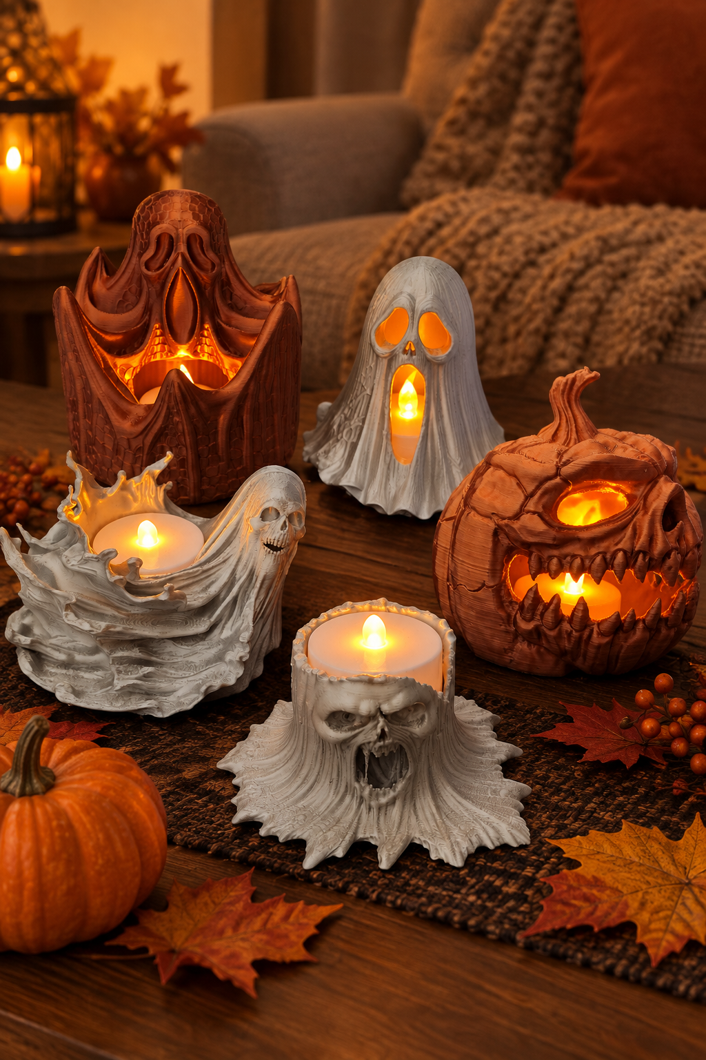 The complete five-piece horror tealight set displayed on a cozy coffee table with autumn leaves and a pumpkin