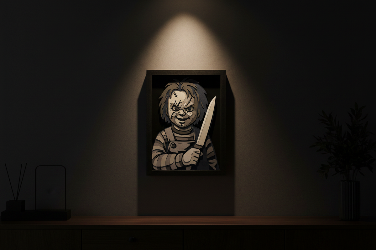 Chucky Shadow Box hung on a dark charcoal feature wall with dramatic warm single spotlight