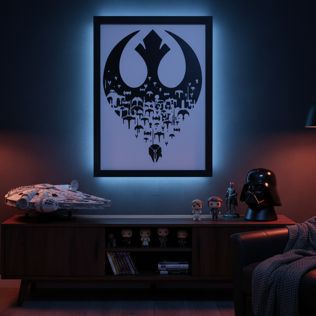 Sparks of Rebellion shadow box displayed on a dark home cinema wall above a TV unit with Star Wars collectibles