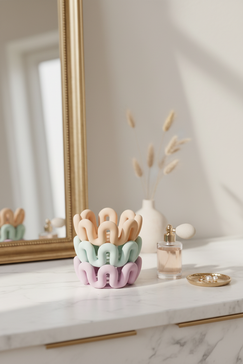 Pink mint beige wibble bowl stack on marble vanity with jewellery - lifestyle