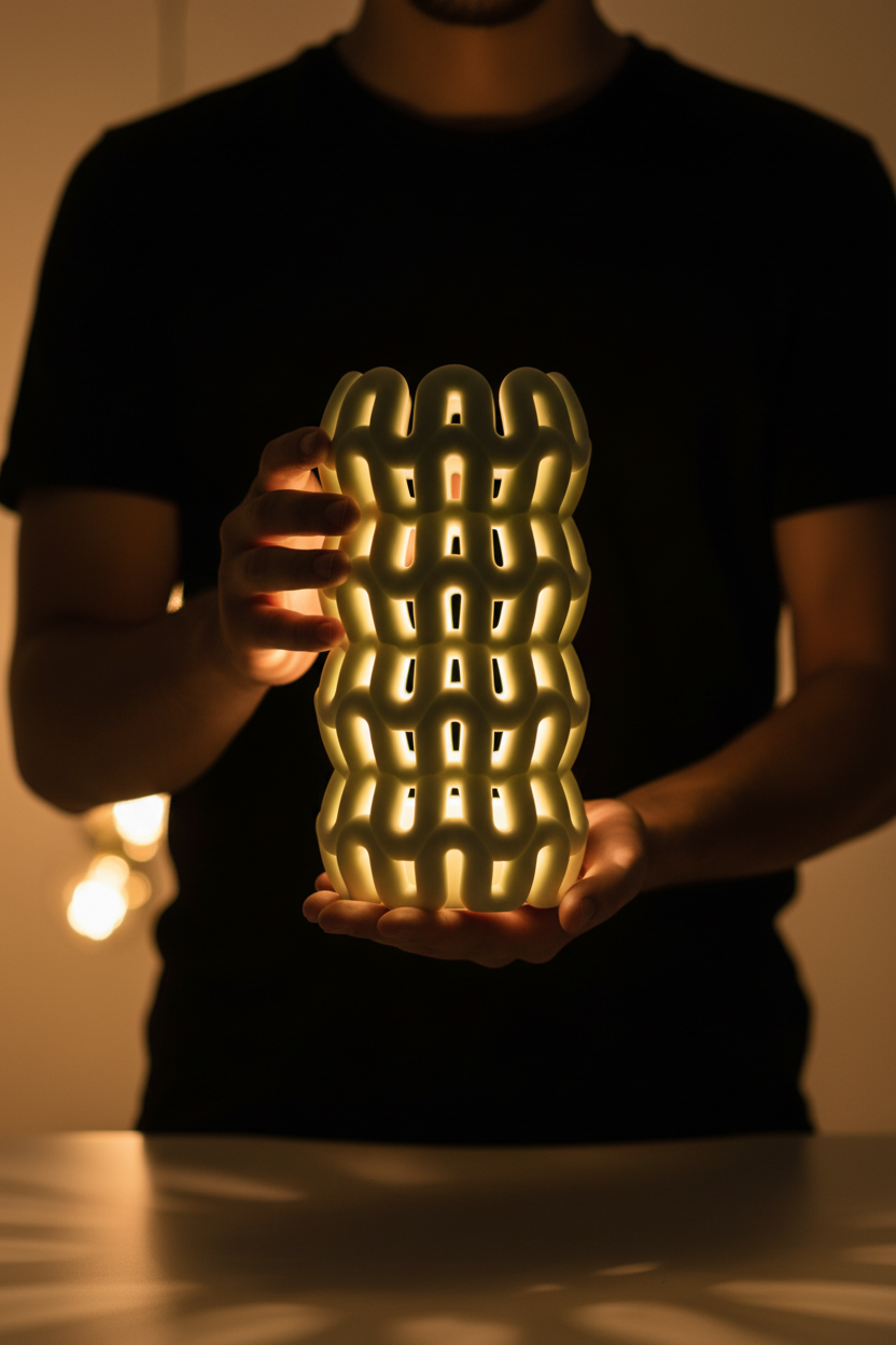 Wibble Weave LED Lamp held in hands showing scale - lifestyle