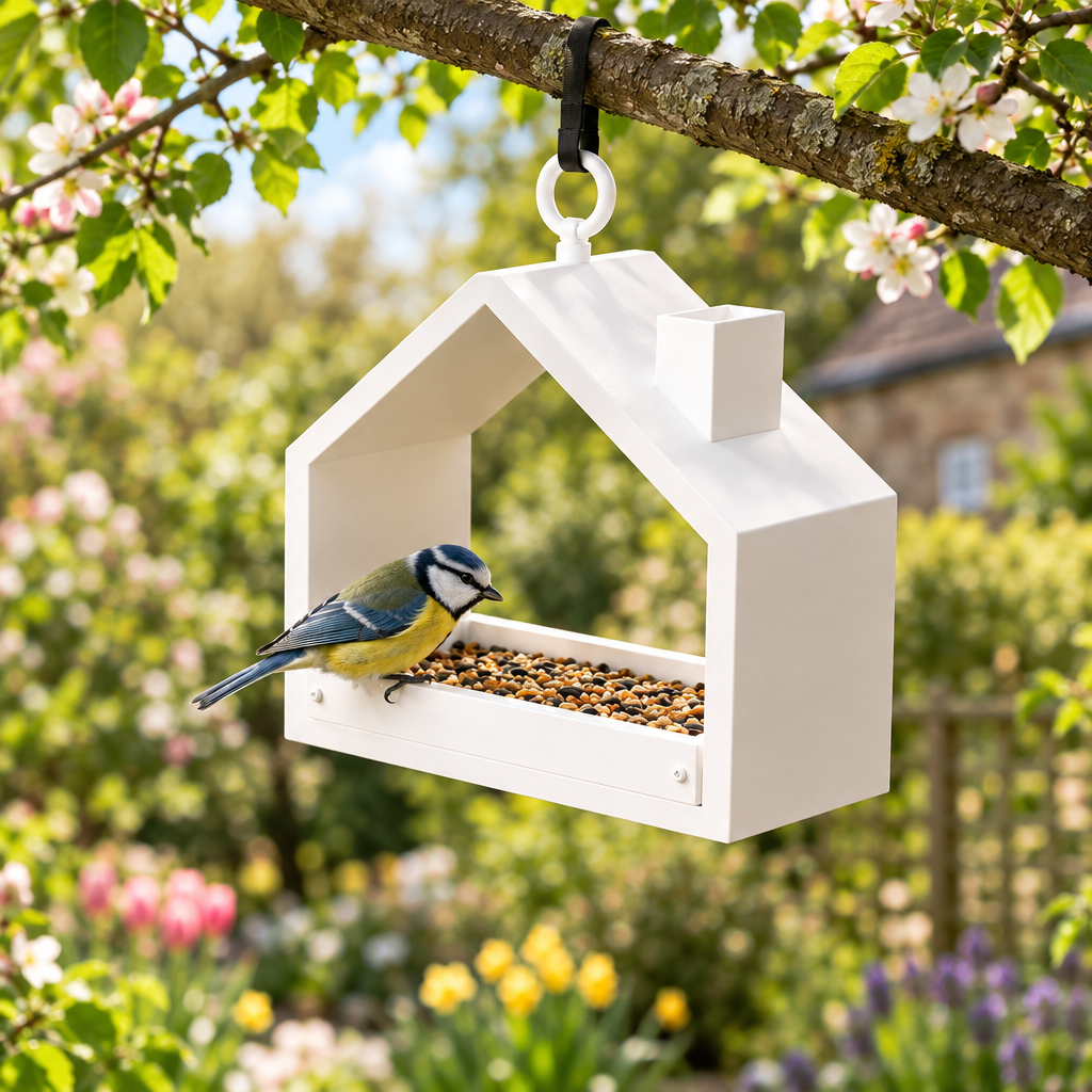 One white modern house bird feeder hanging in spring garden