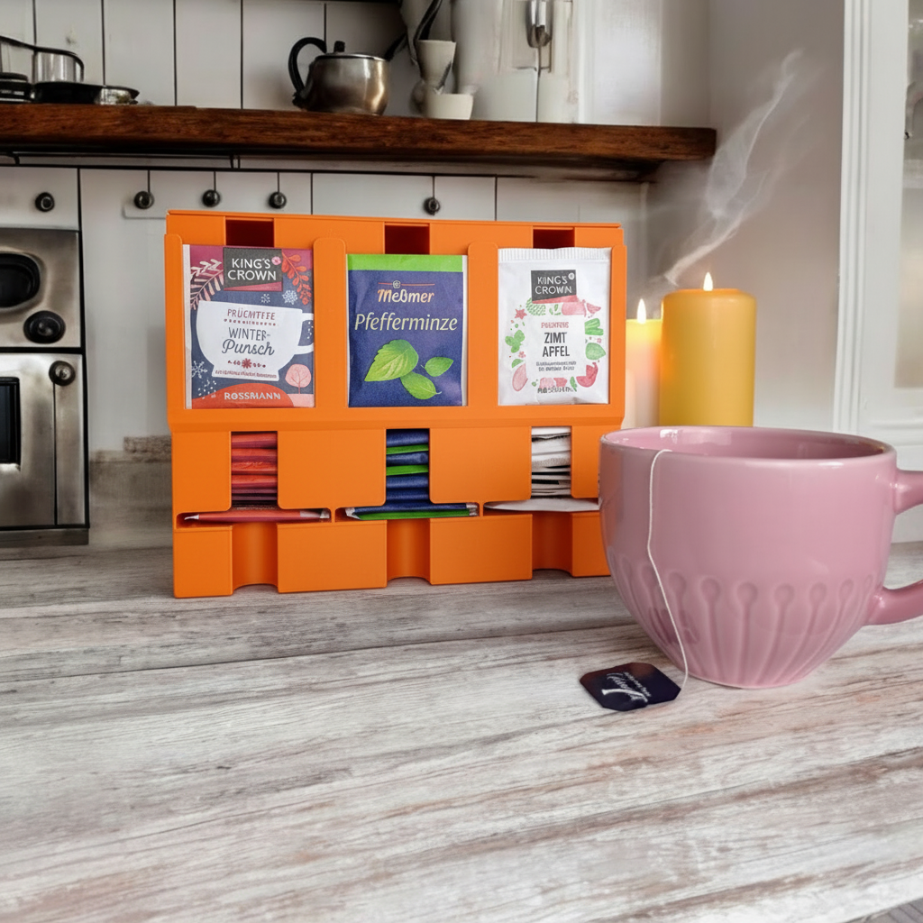 Stackable Tea Bag Dispenser - orange colourway on wooden counter with ceramic mug and kettle