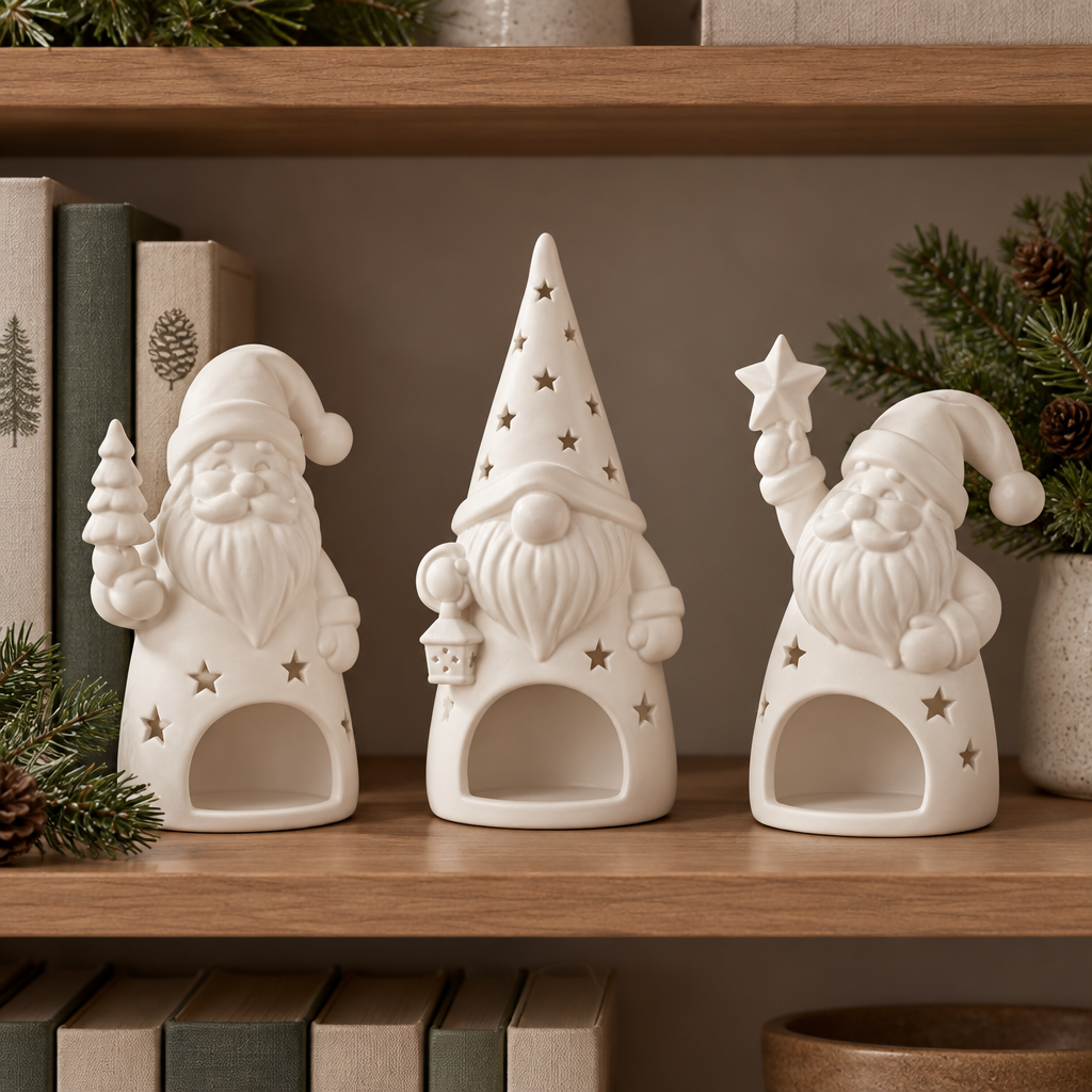 Three white Santa-style tealight holders displayed unlit on a modern bookshelf.