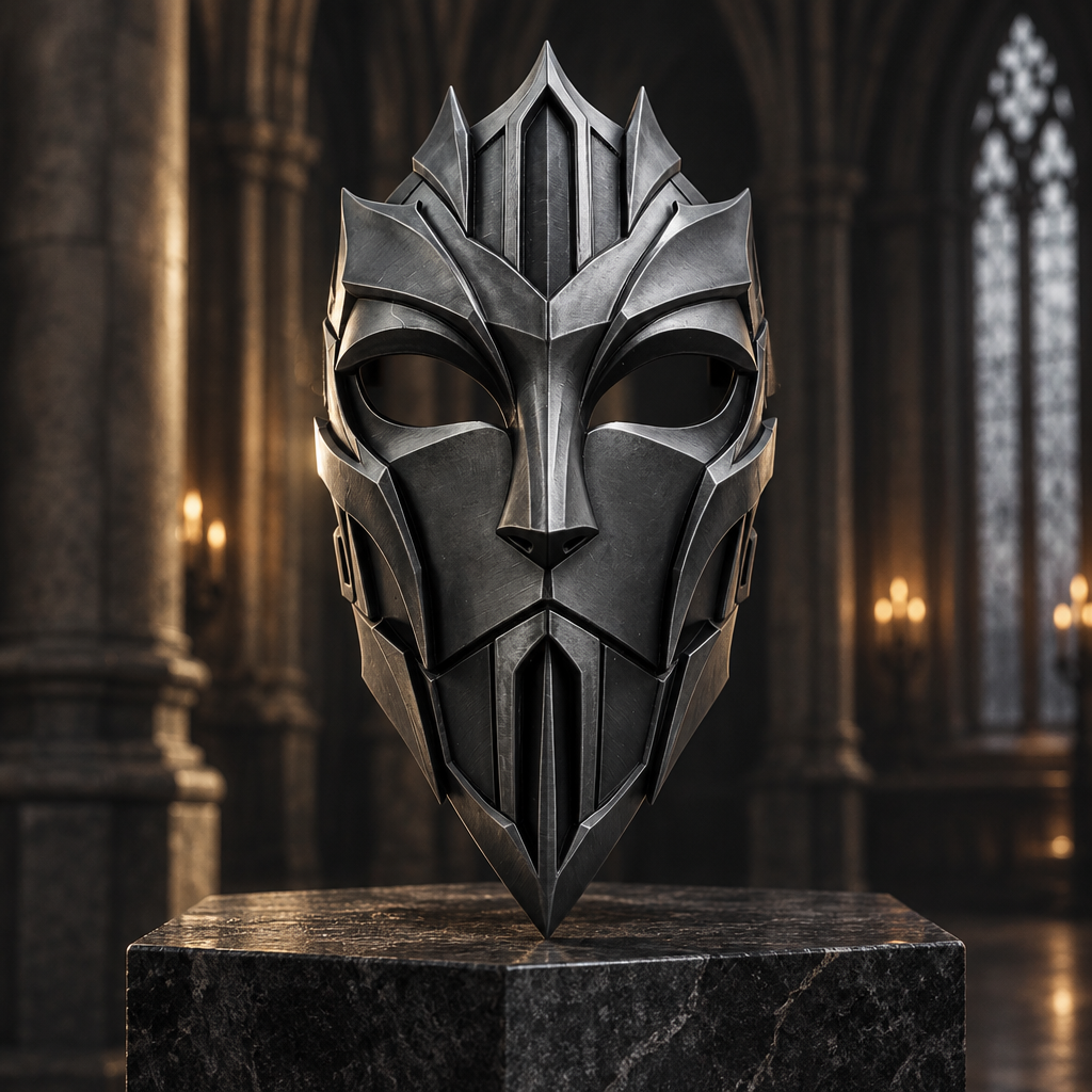 Gunmetal grey Cathedral Knight mask on a display plinth, no strap included