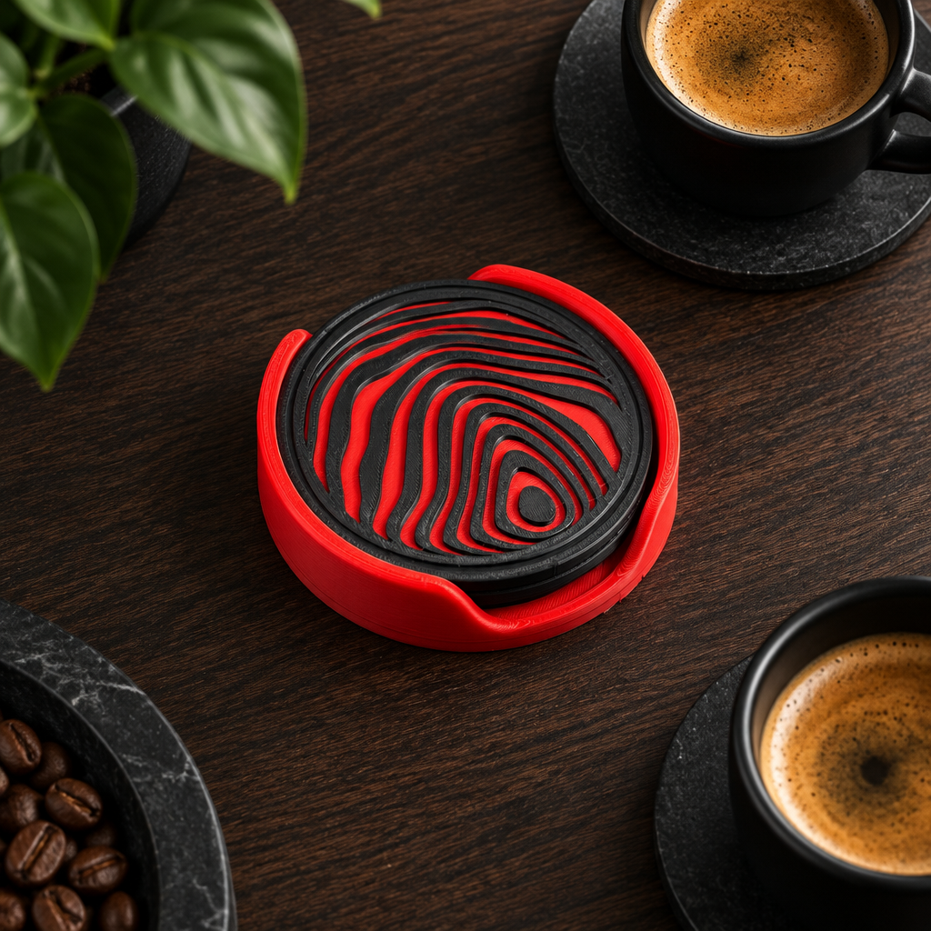 Overhead view of coasters and espresso cups