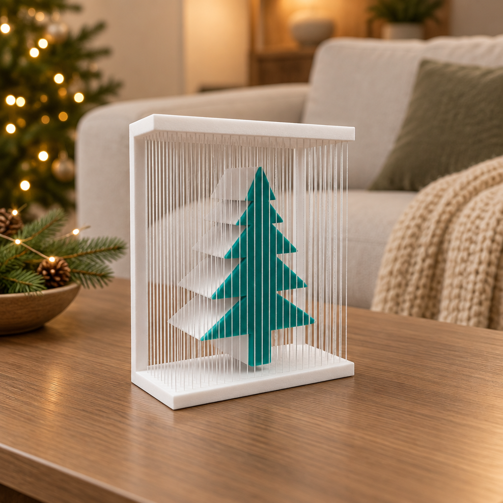 Teal-green tree in its white strand frame on a coffee table in a calm modern living room.