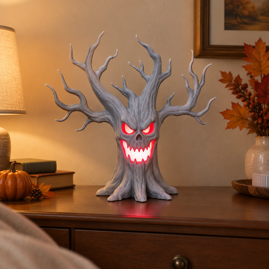 Grey laughing tree tealight holder on a bedroom dresser with subtle autumn decor