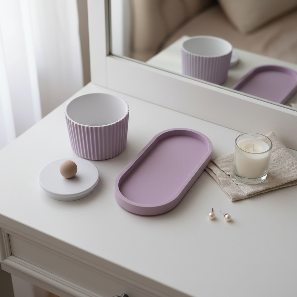 Lavender purple ribbed organiser set on white vanity with candle and pearl earrings