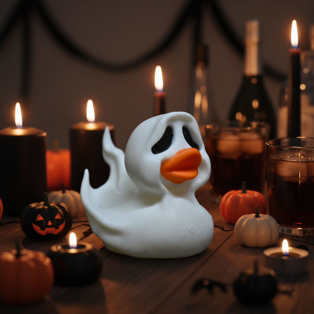 White Halloween ghost duck sculpture on a Halloween drinks table