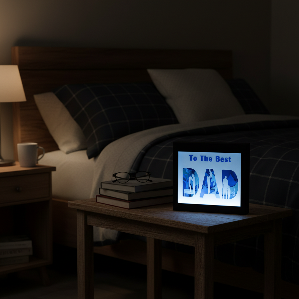 To The Best Dad shadow box glowing softly on a bedside table in a dark cosy bedroom at night