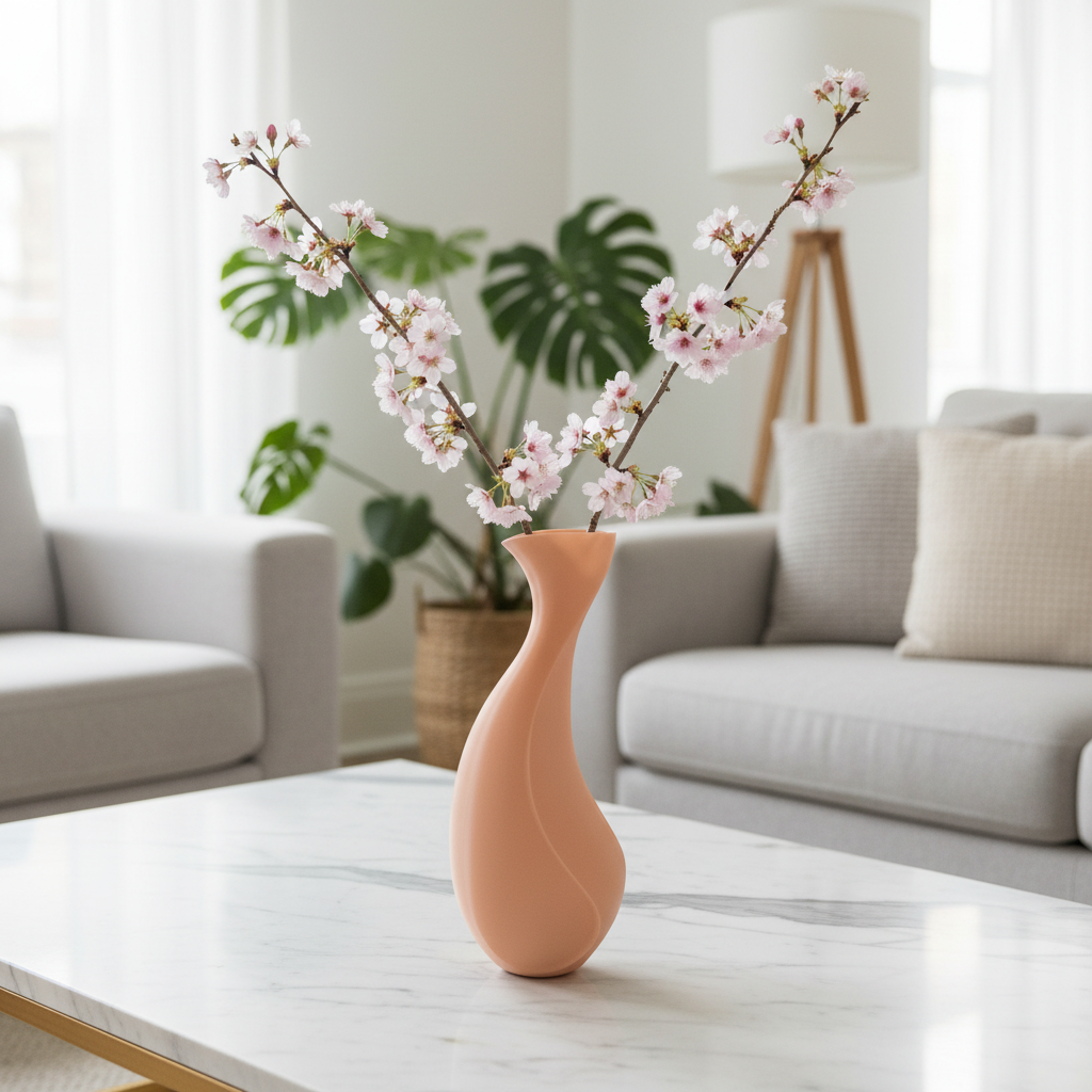 Aura vase in warm beige with cherry blossom stems on a marble coffee table in a bright living room