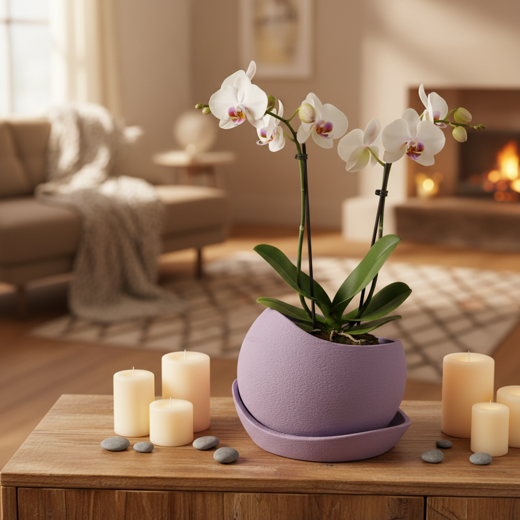 Dusty purple shark skin plant pot with a flowering orchid on a wooden sideboard with candles