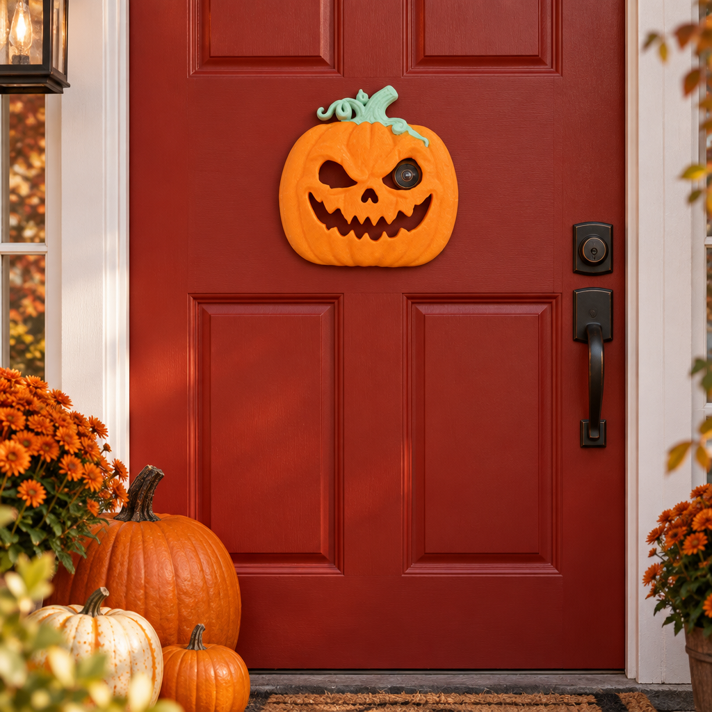 Pumpkin peephole decoration on red front door