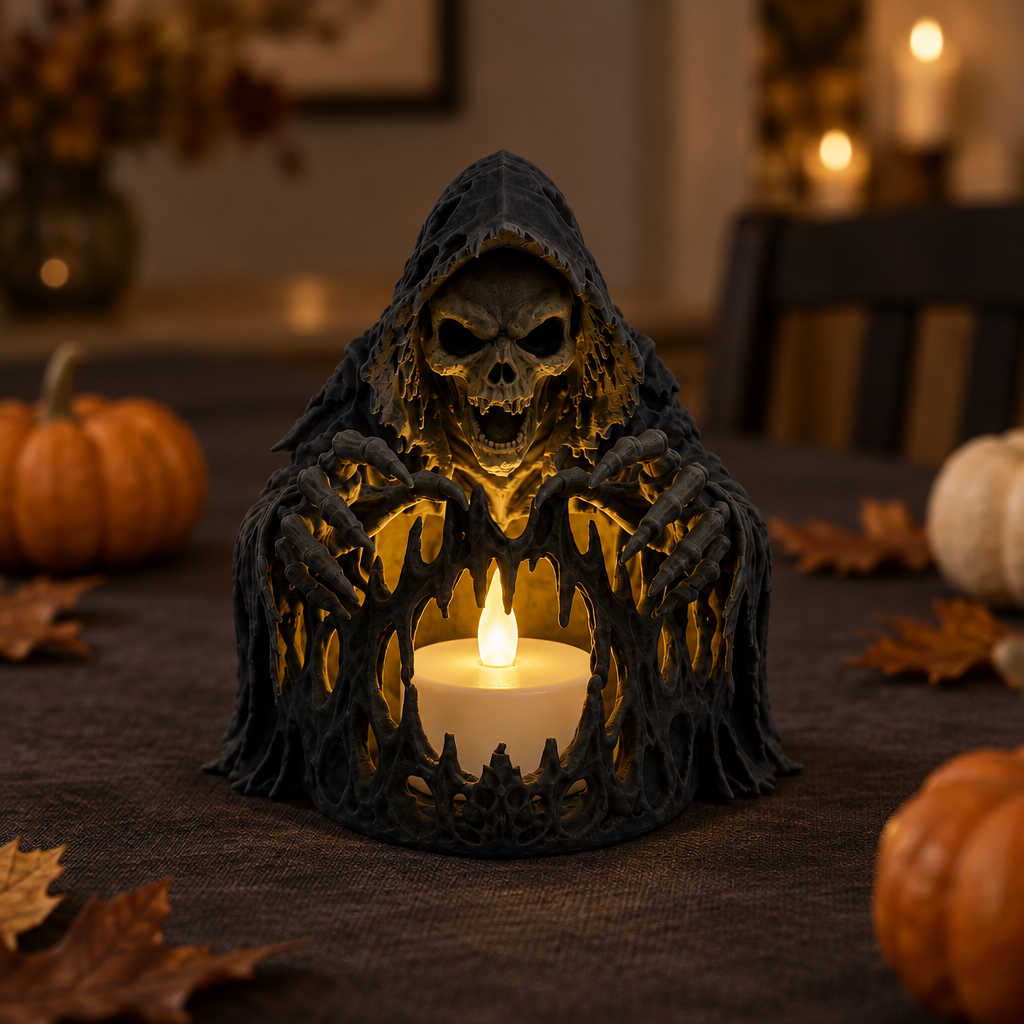 Black skeleton tealight holder on a dark autumn dining table with pumpkins and leaves