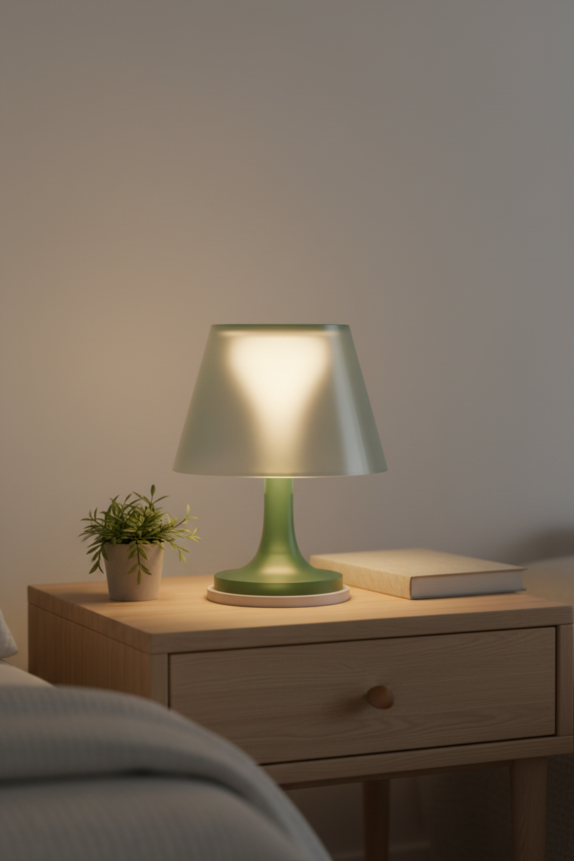 Modern Ambient Table Lamp soft sage green glowing warm translucent tapered shade slim stem round base pale oak bedside table small plant folded book Japandi minimal bedroom evening portrait