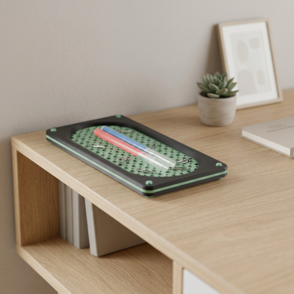 Sage green mesh tray with pens on white oak desk - lifestyle