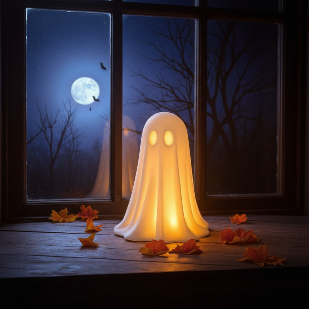 White glowing ghost on windowsill at night with full moon outside Halloween lifestyle