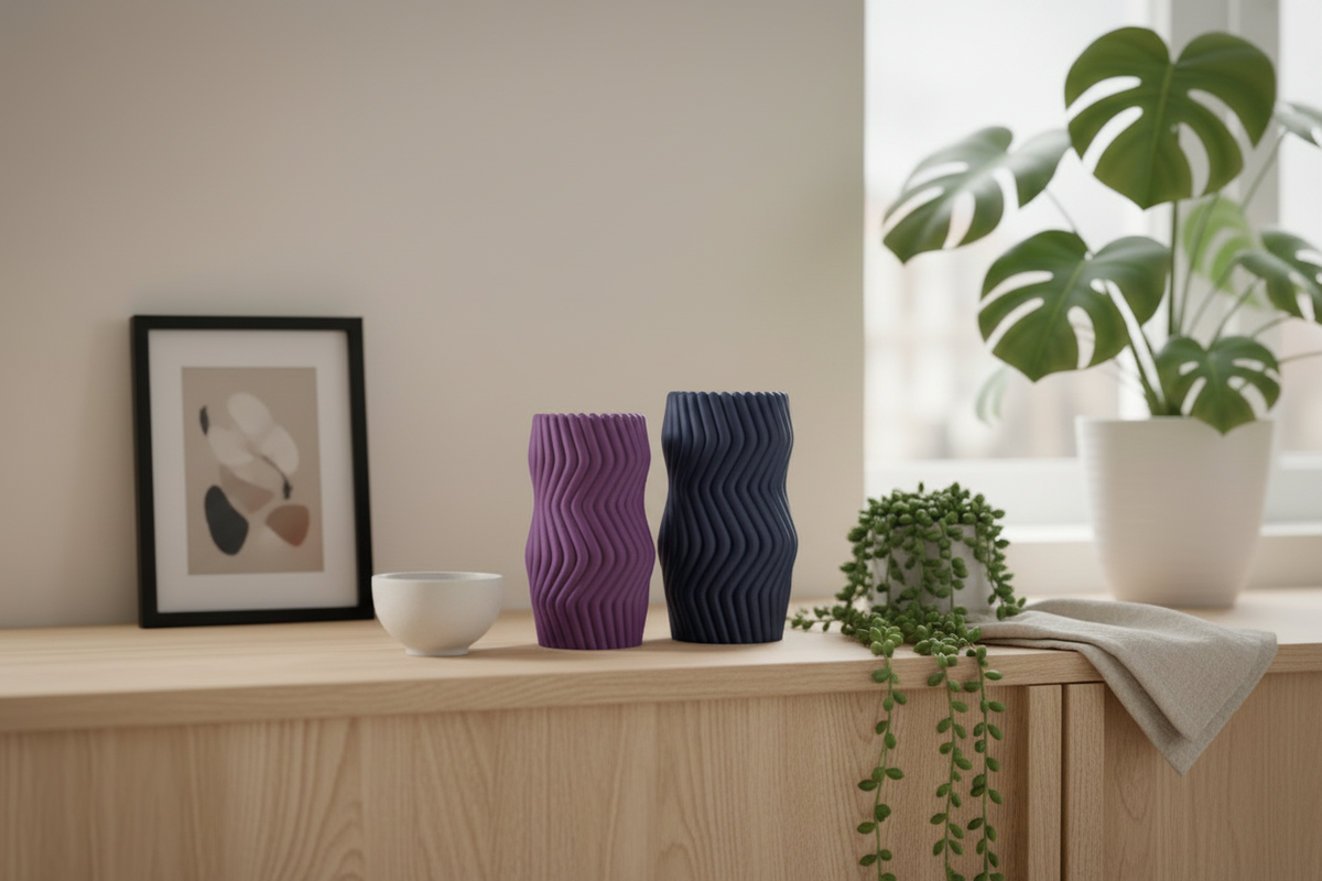 Wavy Twist Vase Set in purple, oak bedside table, evening light
