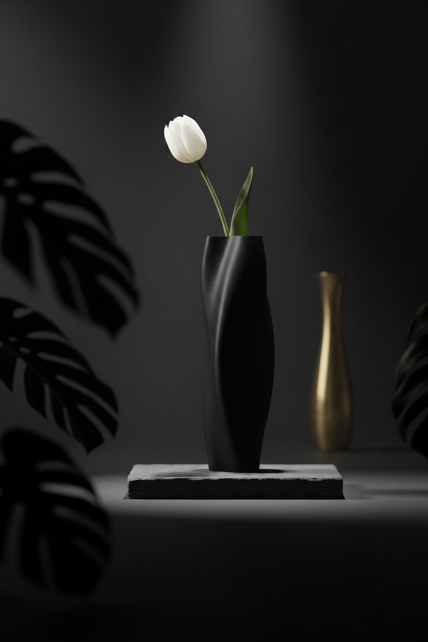 Black twist vase with white tulip on dark moody surface - lifestyle