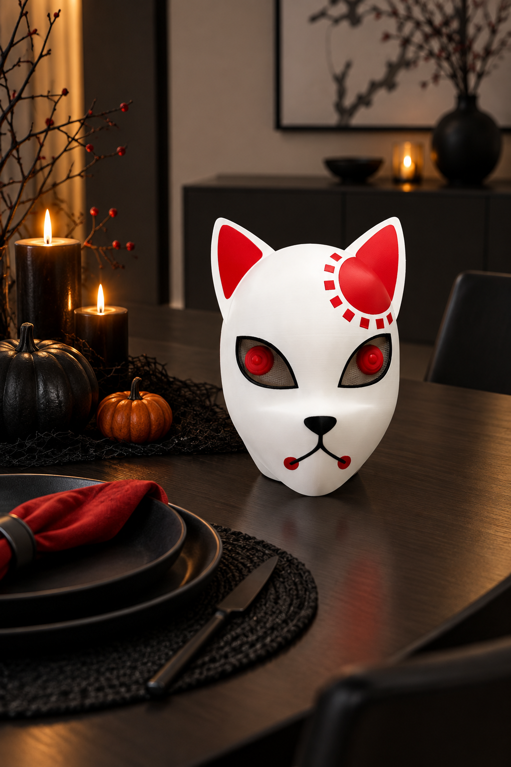 White Halloween devil cat mask on a dark dining table with black and red Halloween styling
