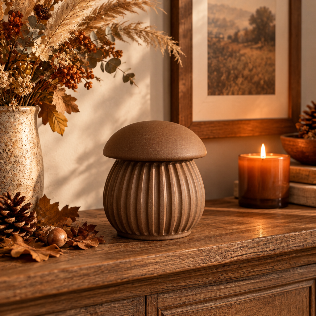 Brown ribbed mushroom container on an autumn mantel