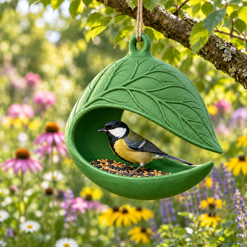 Green Leaf Nest bird feeder in a wildflower garden
