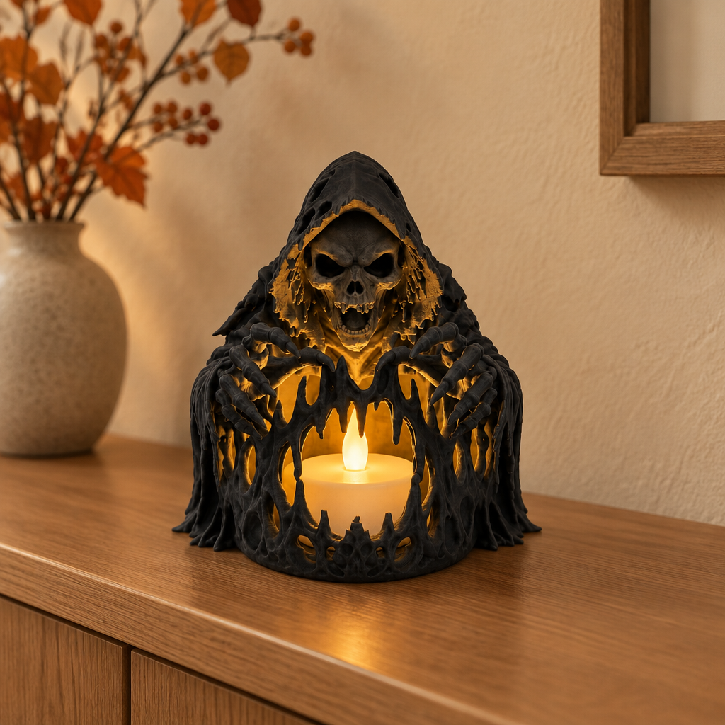 Black hooded skeleton tealight holder with warm LED glow on an oak hallway console