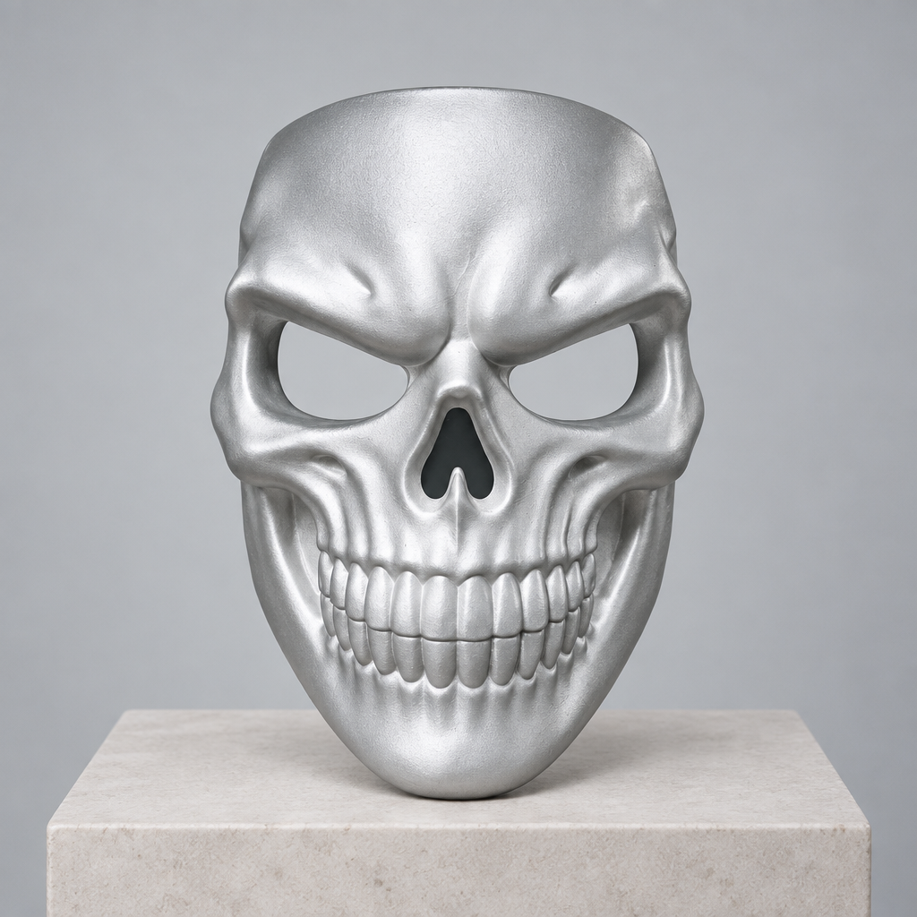 Silver Grinning Skull Mask on a pale stone plinth in a modern studio.
