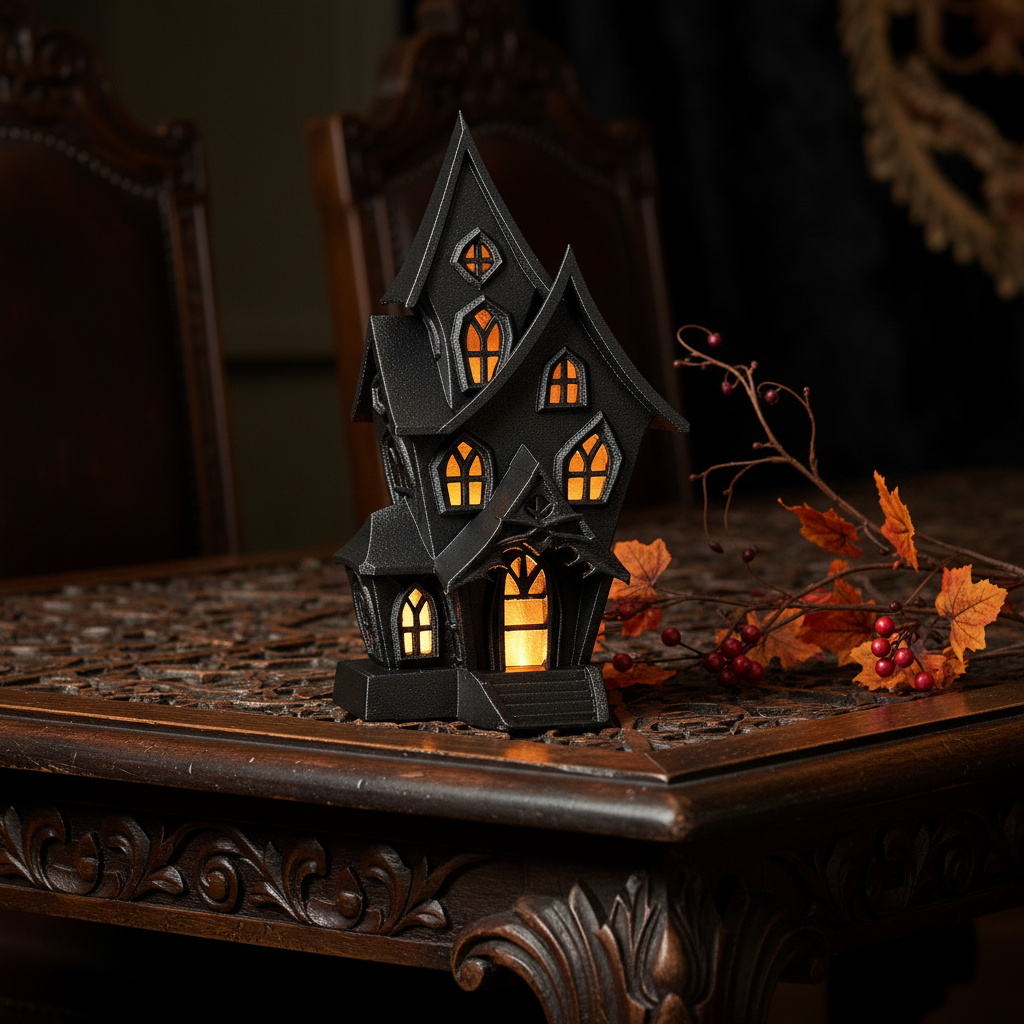 Haunted house tealight holder glowing on a gothic dining table