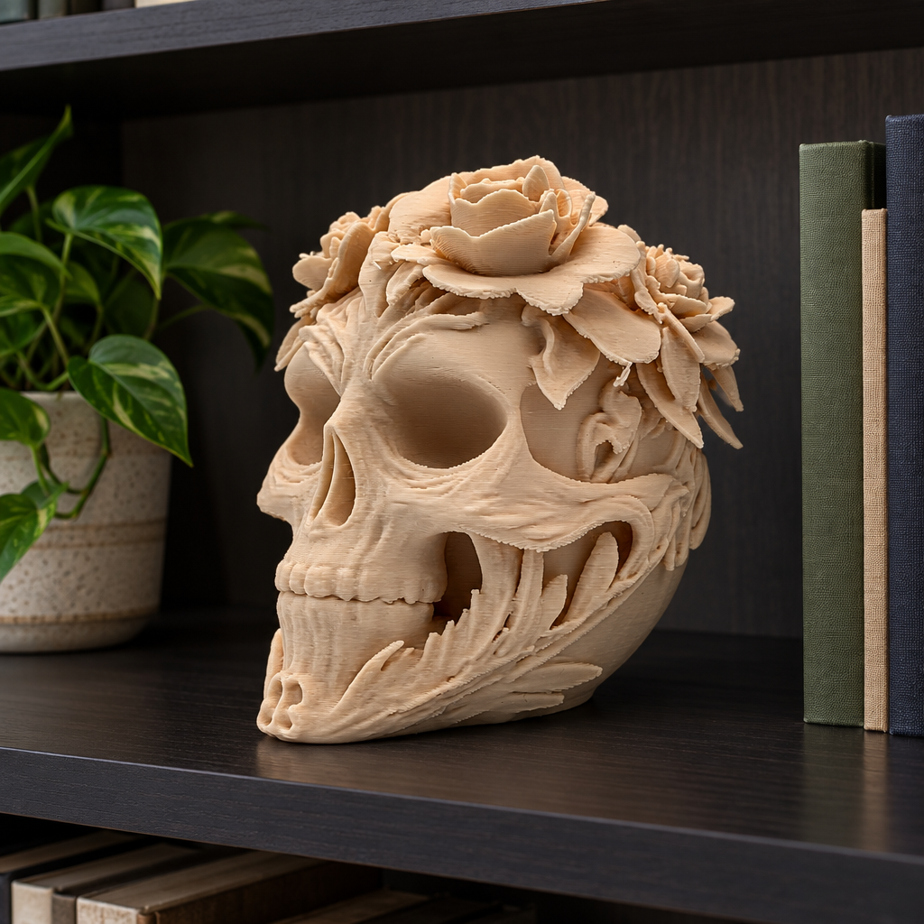 Pale skull with sculpted roses and leaves on a home office shelf