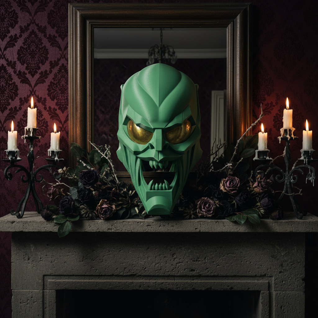 Clean green geometric villain mask sculpture displayed on a stone mantelpiece in a gothic interior