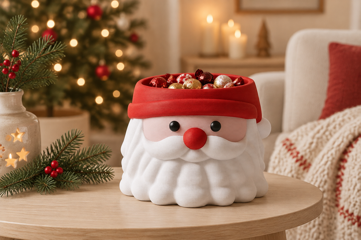 Santa Head sweet bowl styled on a pale wood side table in a softly decorated Christmas room