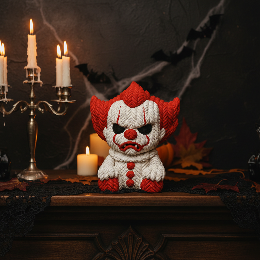 Red and white knitted-texture clown sculpture on a Halloween mantel