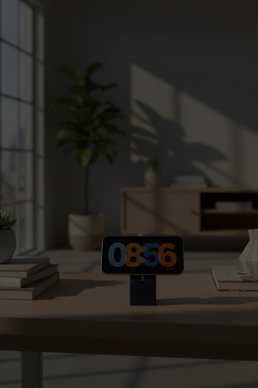 Minimalist MagSafe Charger Stand deep navy blue rectangular dock low pedestal base holding smartphone warm walnut desk moody contemporary home office dramatic raking side light dark background portrait